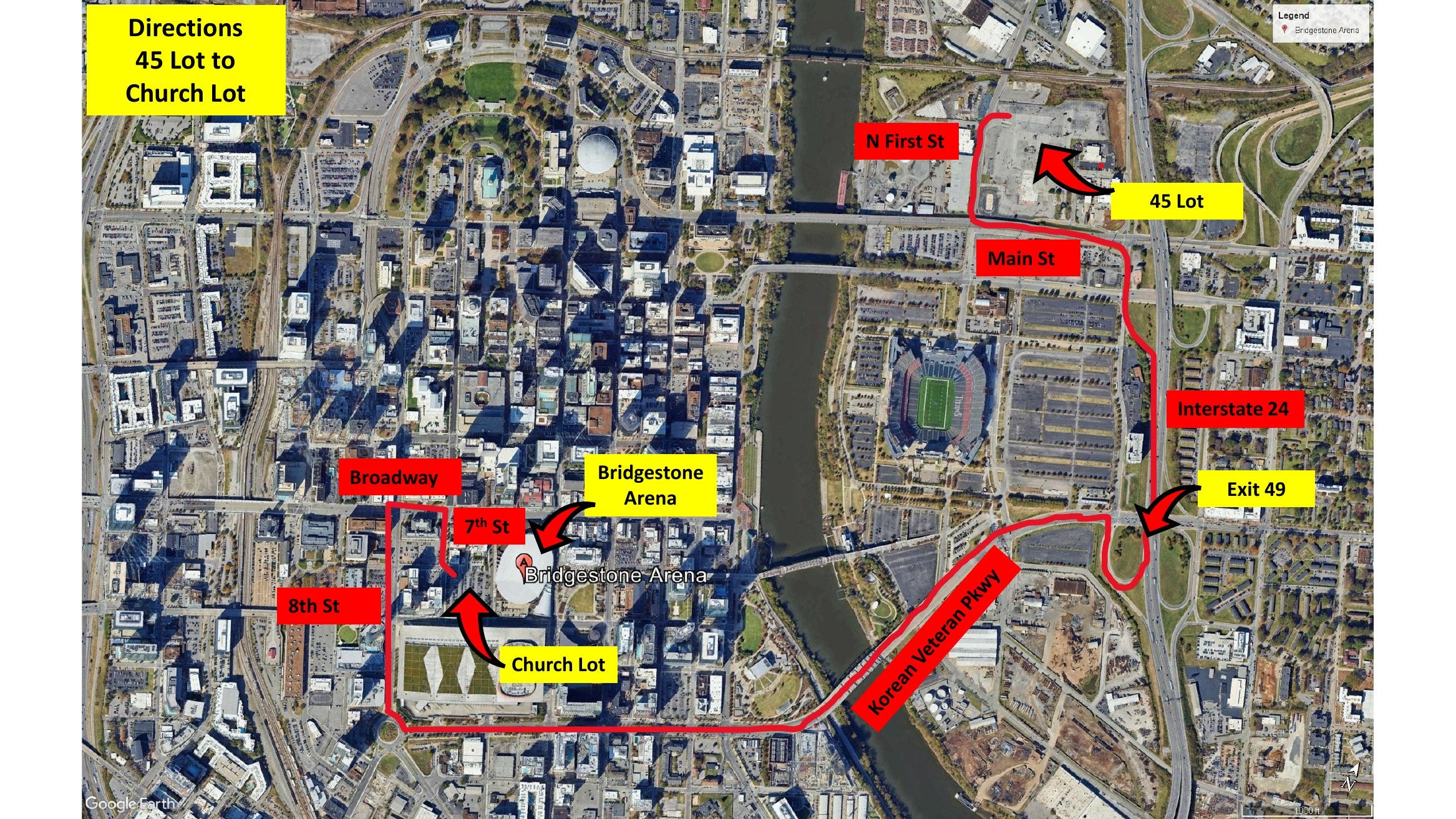 Lot to lot directions from 45 Lot to Church Lot at Bridgestone