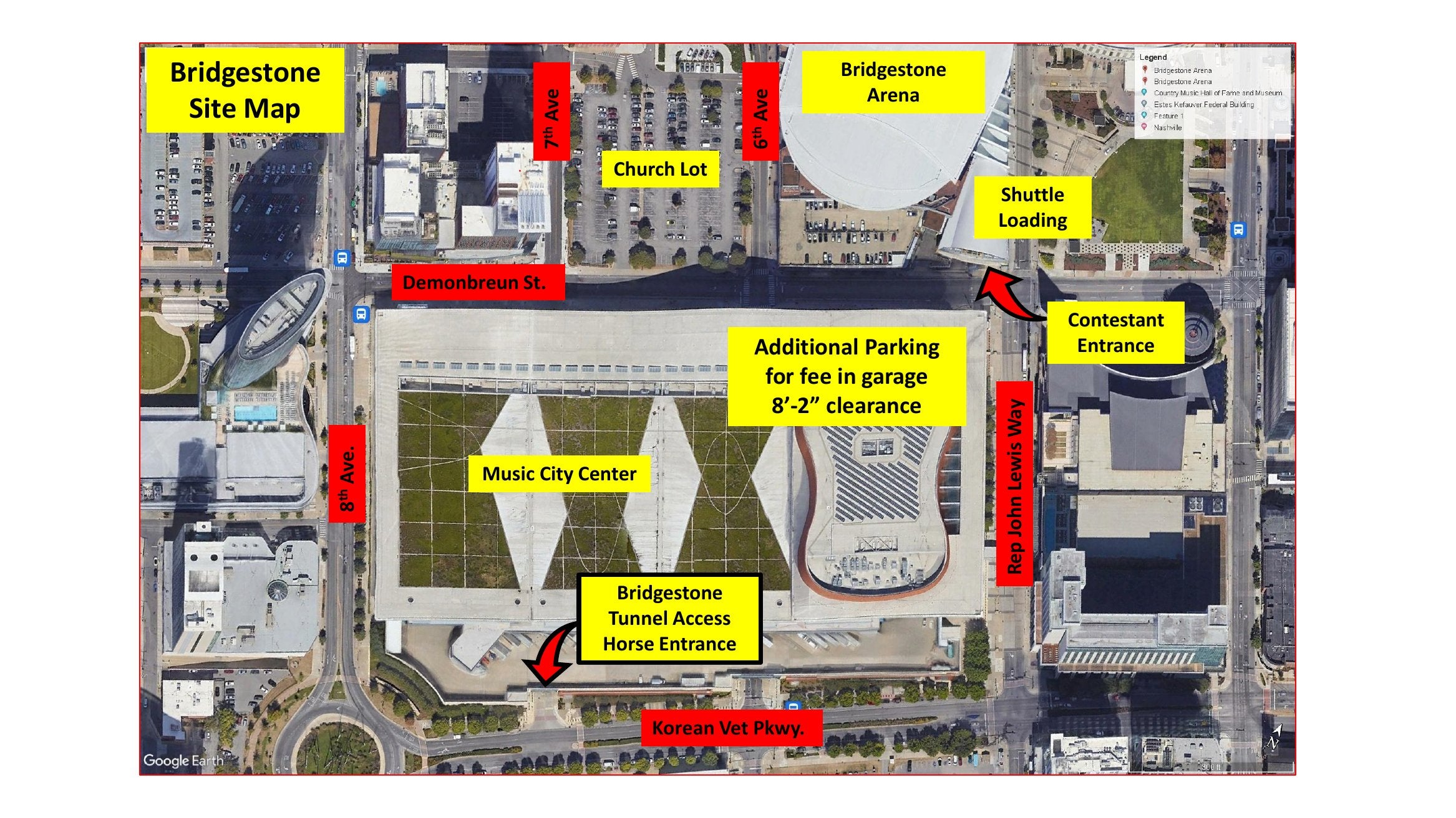 Bridgestone Arena site map with contestant entrance, shuttle loading, and horse entrance