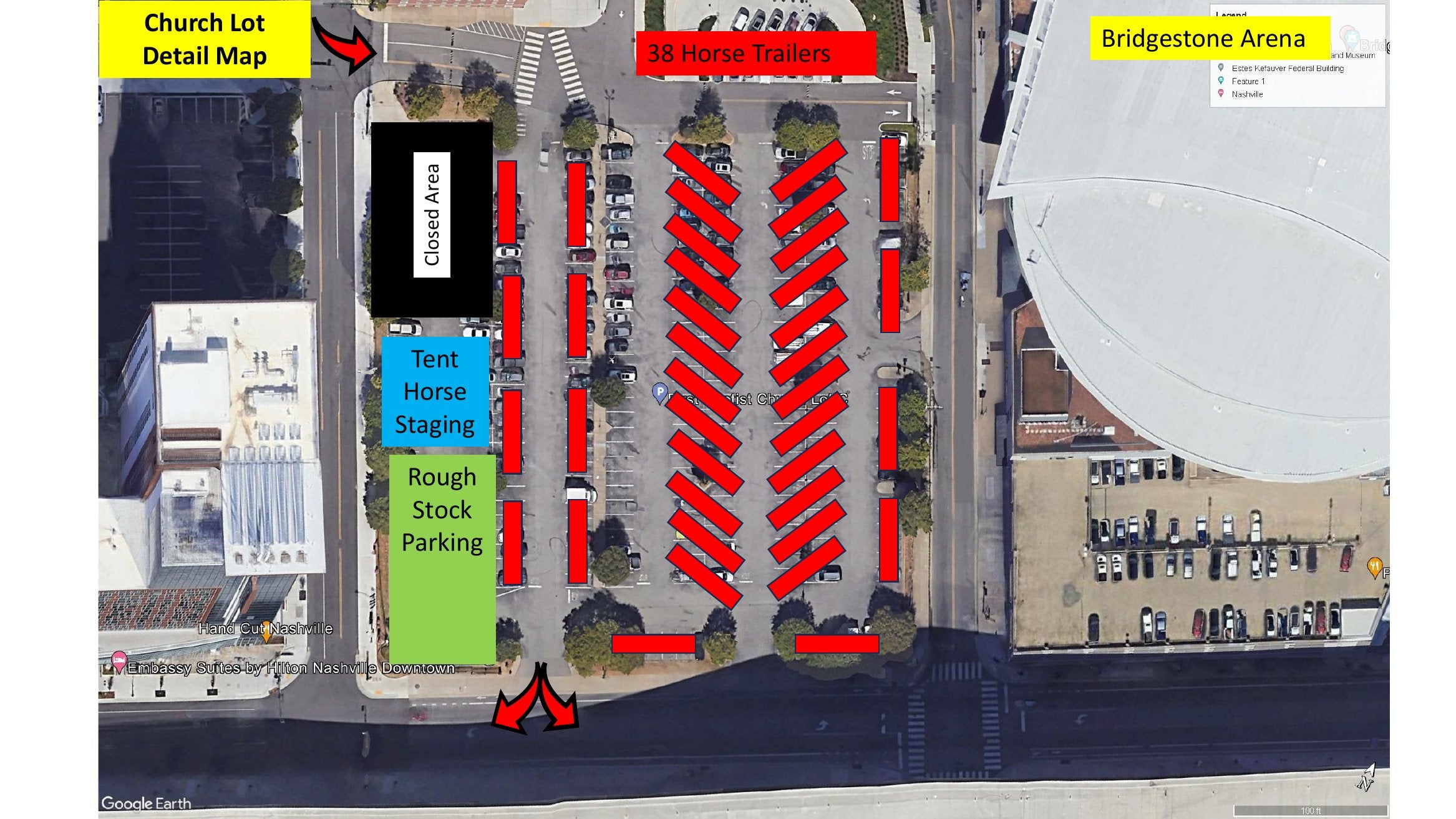 Church Lot detail map with horse trailer spots and staging areas