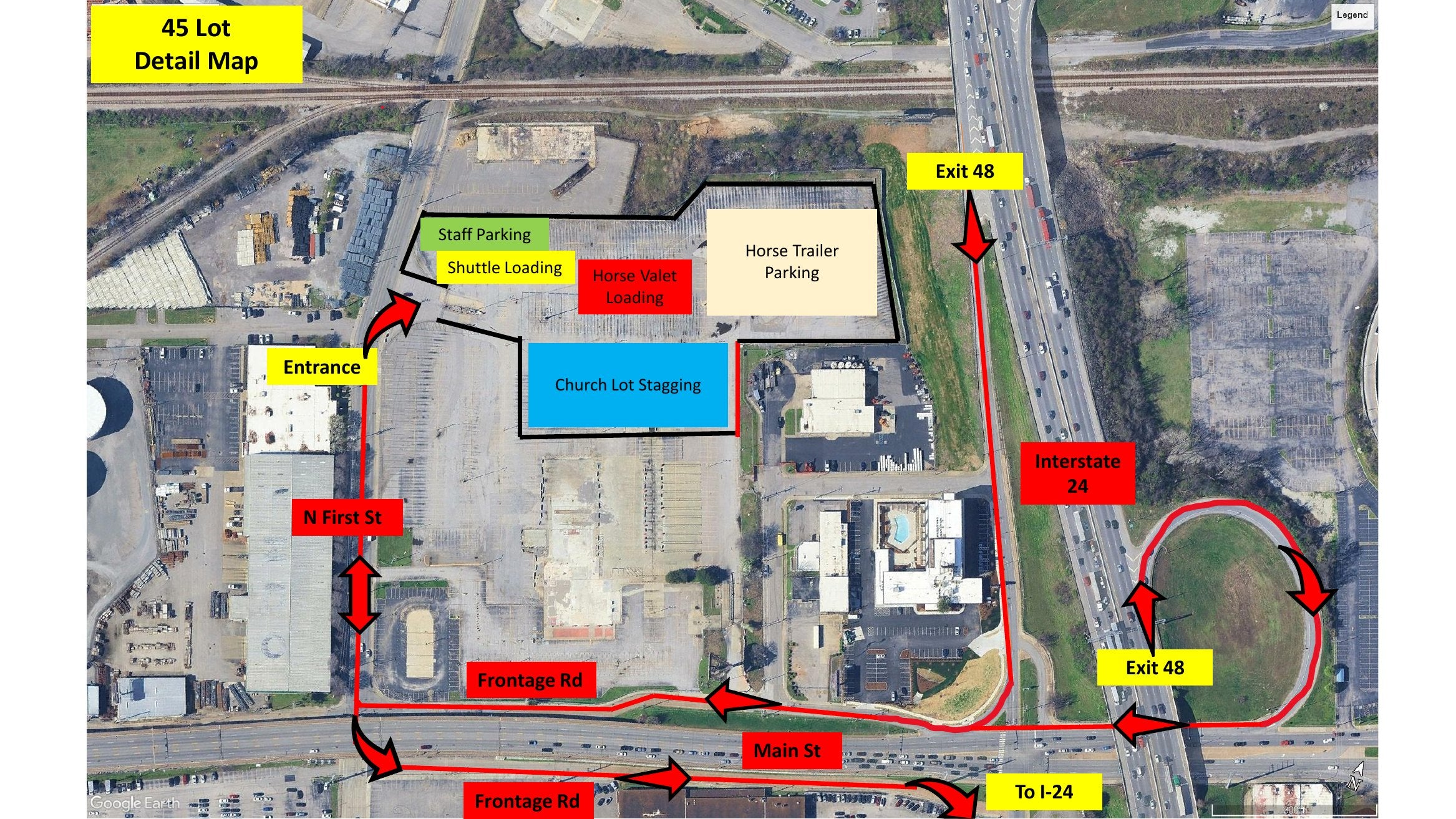 45 Lot detail map with entrances, parking zones, and staging