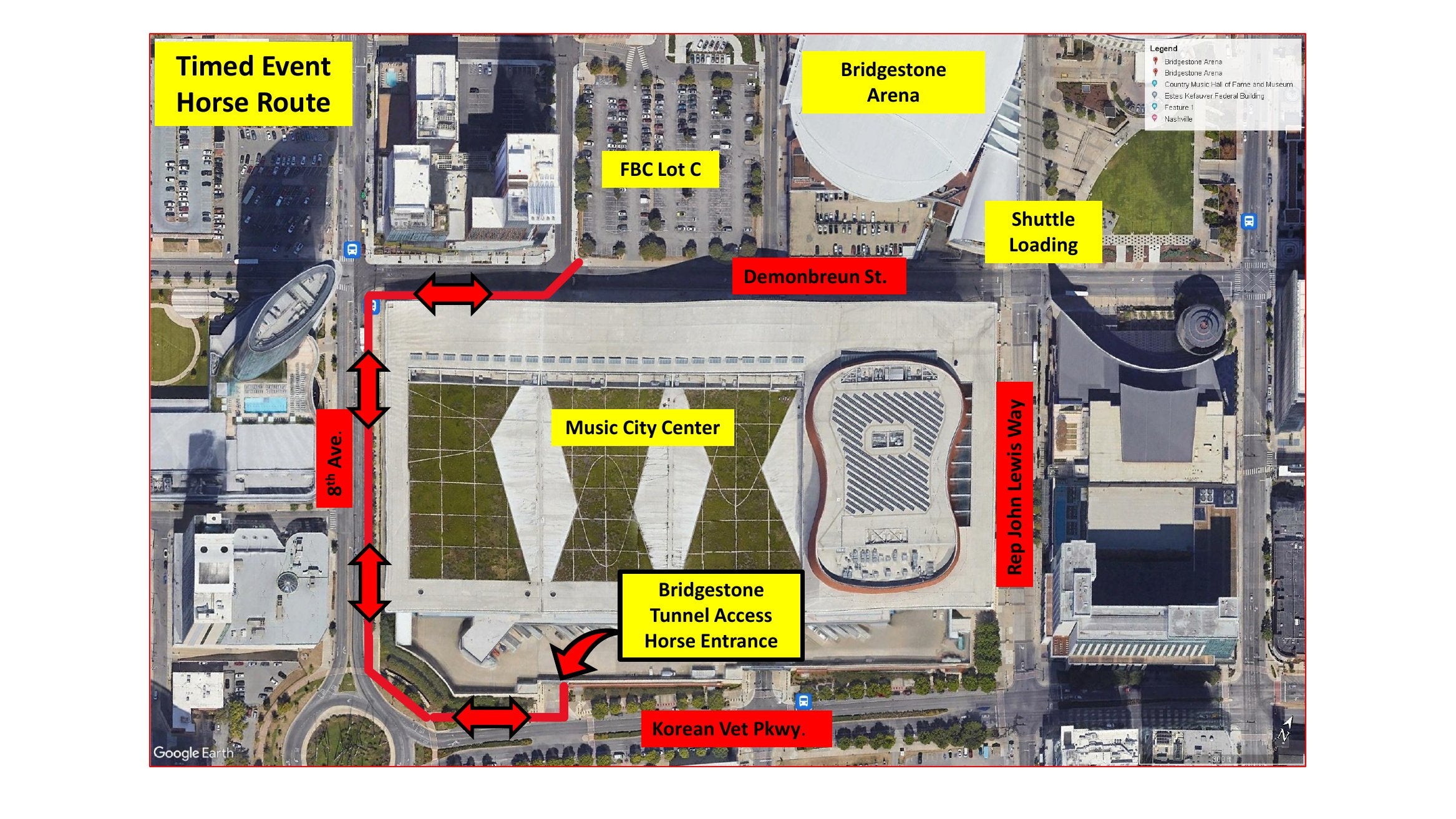 Timed event horse path around Music City Center to the Bridgestone tunnel