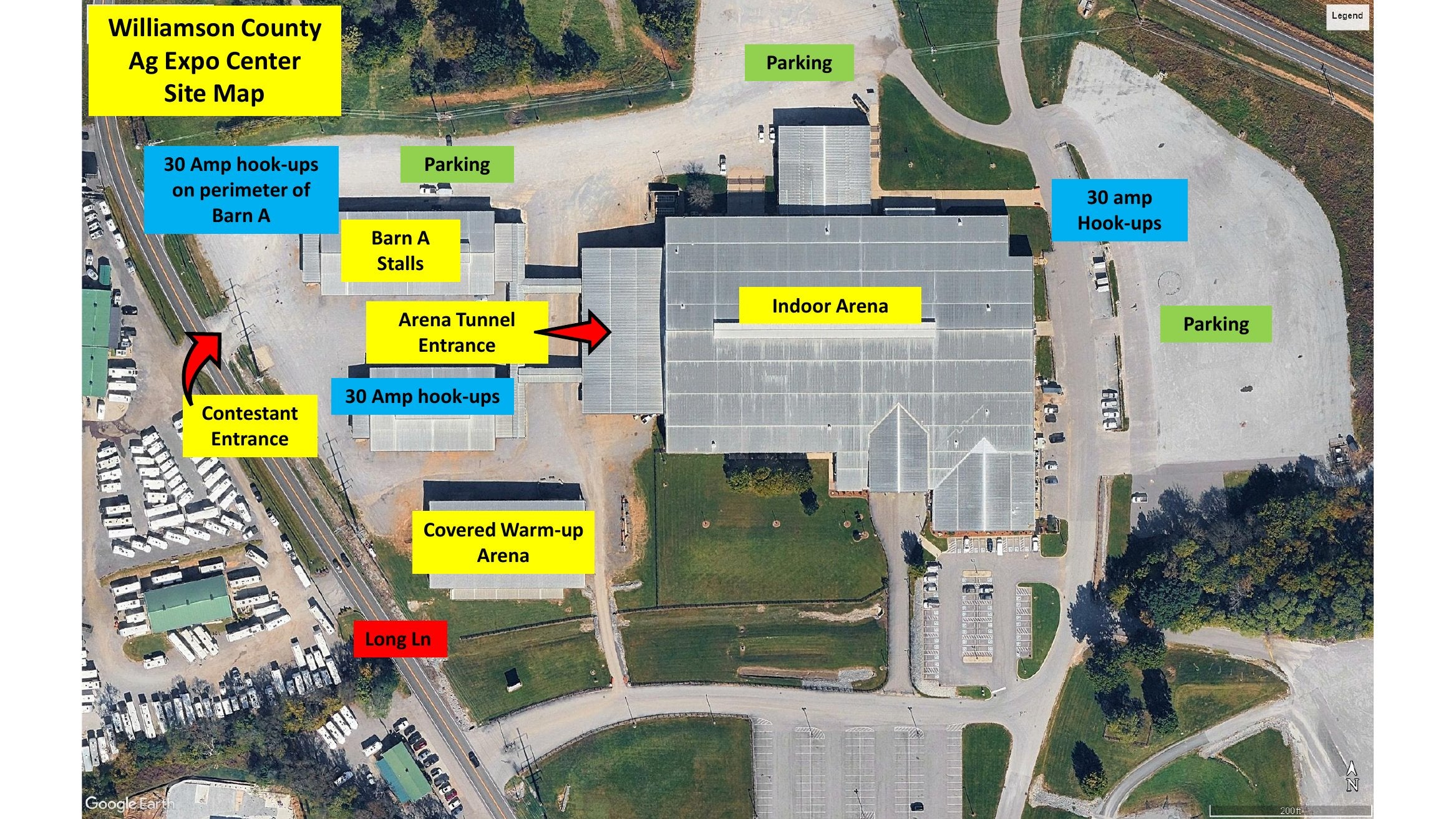 Williamson County Ag Expo Park site map showing arena, stalls, and warm-up area
